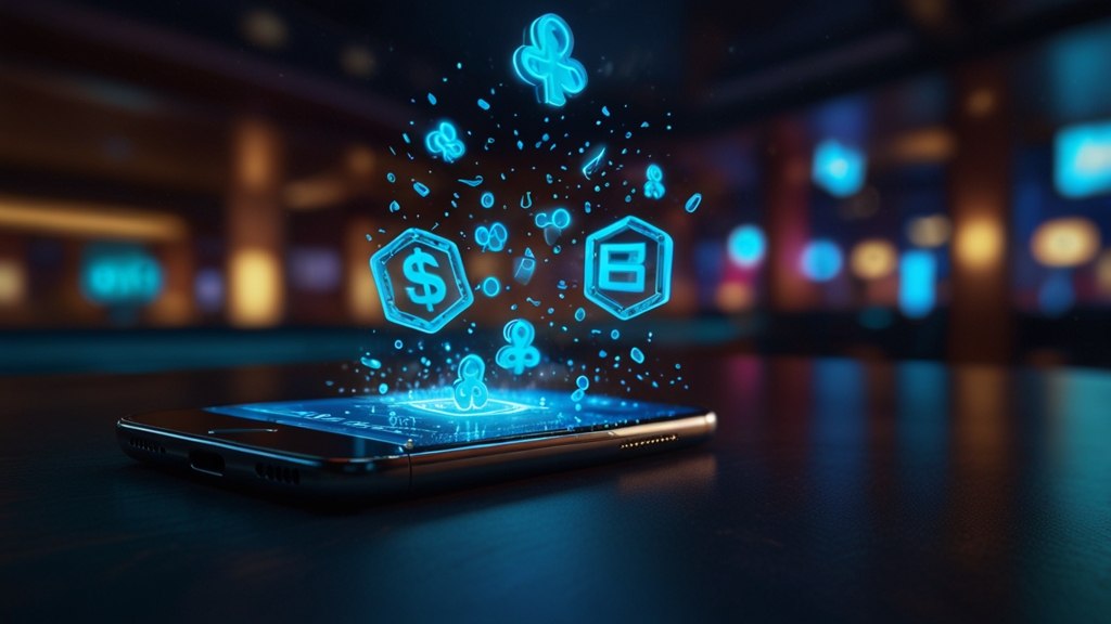 Phone clearing cache files in a dark casino-themed scene