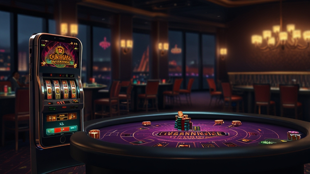Mobile casino lobby with game tiles, bonuses, and account menu on a phone