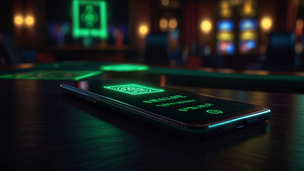 Smartphone showing a secure casino app download screen on a dark table