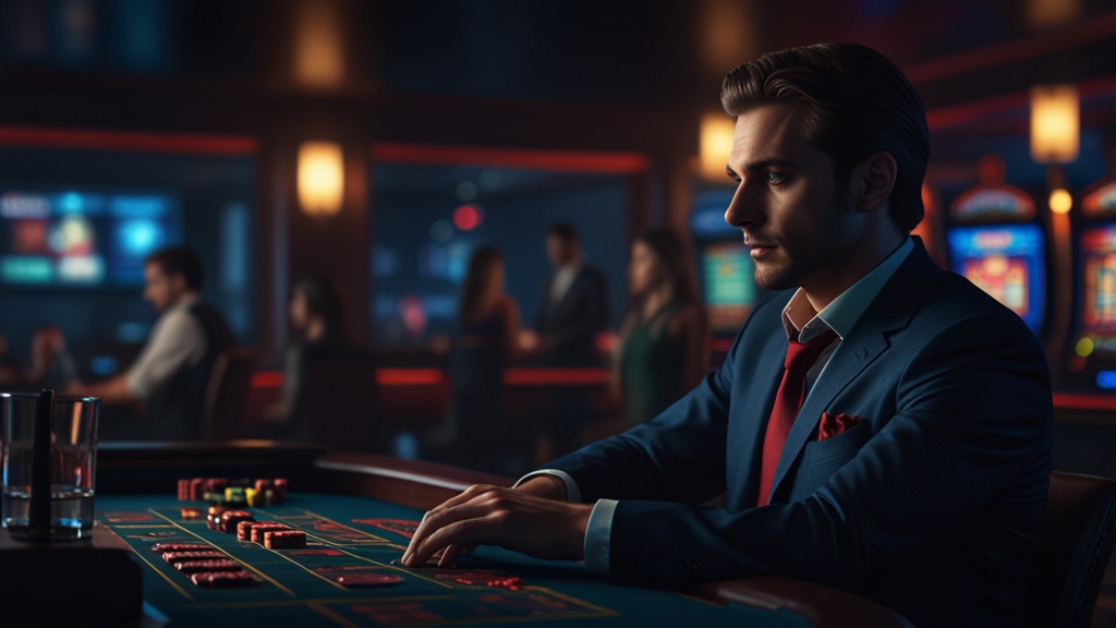 Pending withdrawal screen with support desk in a dark casino scene